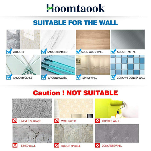 Image showing wall surfaces suitable and not suitable for the 2 Pack Hassle Free Bathroom Corner Shelf With Heavy Duty Self Adhesive Shower Caddy.