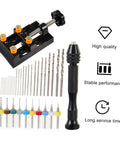 Hand Drill Jewelry Punch Tool Kit For Woodworking With Pin Vise PCB Drill Bits visible with accessories and performance icons.