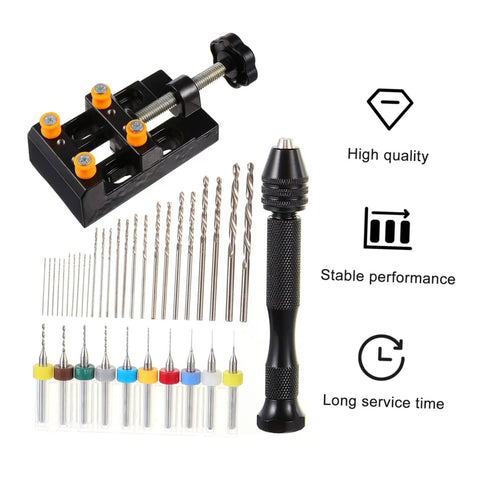 Hand Drill Jewelry Punch Tool Kit For Woodworking With Pin Vise PCB Drill Bits visible with accessories and performance icons.
