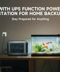 R1500 Lite Portable Power Station With SE200 200W Solar Panel Kit next to aquarium in home setup
