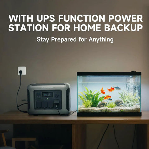R1500 Lite Portable Power Station With SE200 200W Solar Panel Kit next to aquarium in home setup