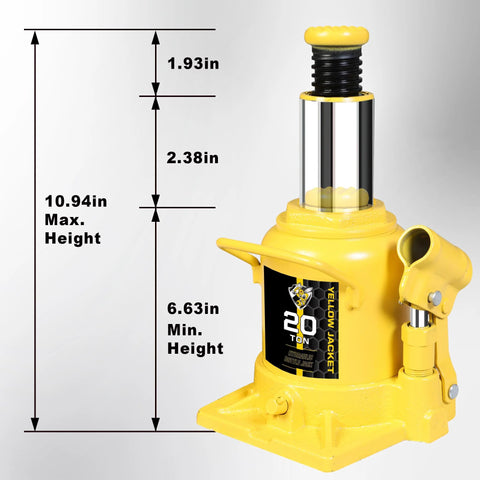 Yellow 20-ton low-profile bottle jack, welded hydraulic stubby design, Amazon brand.