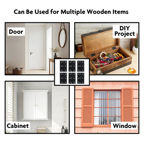 Three Pack 4x2.6 Inch Black Door Hinges With 26 Mounting Screws For Doors And Cabinets, Heavy Duty Iron Hardware For DIY Projects, Built Tough, No Brainer Install. Used on door, cabinet, window, and wooden box.