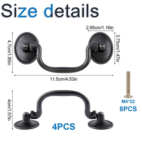 Size details for oil rubbed bronze ring pull handles, 11.5cm width, vintage style cabinet drawer pulls with 86mm center hole.