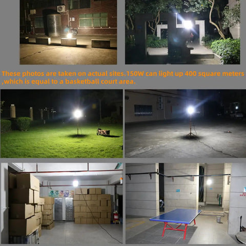 Beast Mode Bright 150W Tripod Work Light With 21000 Lumens Corded LED Stand Up Light illuminating outdoor and indoor areas
