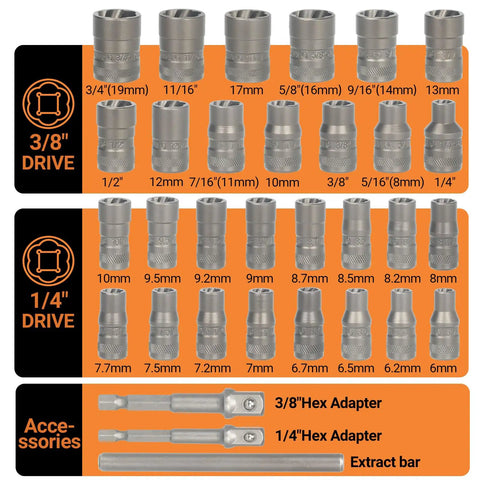 32 Piece Bolt Extractor And Nut Remover Set For Impact Removal Of Stripped Damaged Frozen Rusted Or Rounded Off Bolts Nuts And Screws