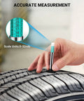 Hand using Three Pack Tire Tread Depth Gauge Set With Color Coded Readouts In Thirty Second Inch Increments on tire tread.