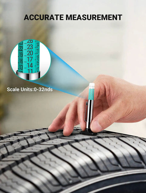 Hand using Three Pack Tire Tread Depth Gauge Set With Color Coded Readouts In Thirty Second Inch Increments on tire tread.