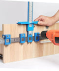 Straight Shot Precision Adjustable Woodworking Jig For Cabinet Hardware Portable Hole Punch Locator in use with drill on wood.