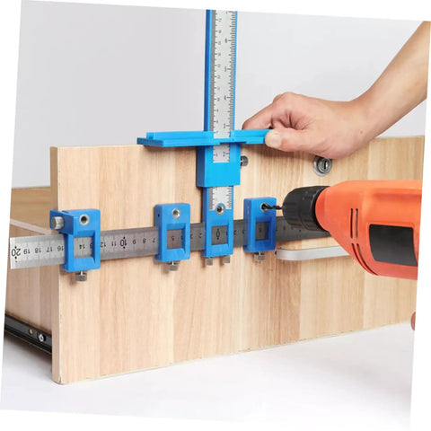 Straight Shot Precision Adjustable Woodworking Jig For Cabinet Hardware Portable Hole Punch Locator in use with drill on wood.