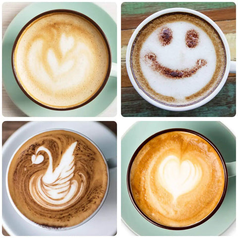 Four cups of latte art with various designs including a smiley face, swan, leaf, and heart.