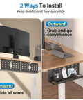 2 Pack Under Desk Cable Management Tray Black Large 16x5x6 Inch Alloy Steel Cord Hider Organizer showing inward and outward installation