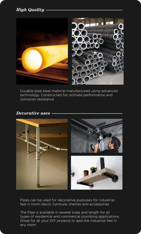 Industrial uses of heavy duty one and one quarter inch schedule 40 galvanized steel pipe for construction and decor.