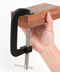 Beefy Fast Release 4 Inch G Clamp For Workshop Projects, Steel With Anti Rust Finish, Quick Slide Jaw For Easy Adjustments, Trapezoidal Thread For Strong Holding Power, Heavy Duty Woodworking And Metalworking Clamp on wood block