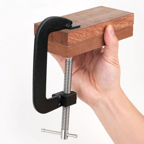 Beefy Fast Release 4 Inch G Clamp For Workshop Projects, Steel With Anti Rust Finish, Quick Slide Jaw For Easy Adjustments, Trapezoidal Thread For Strong Holding Power, Heavy Duty Woodworking And Metalworking Clamp on wood block