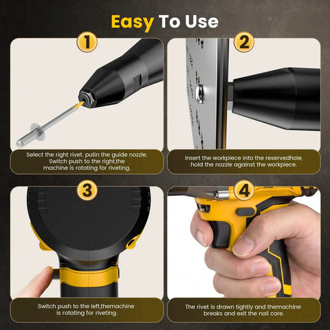 Step-by-step guide for Cordless Electric Rivet Gun Kit With 20V Max Battery, Brushless High Torque Riveting Tool operation on metal sheets.