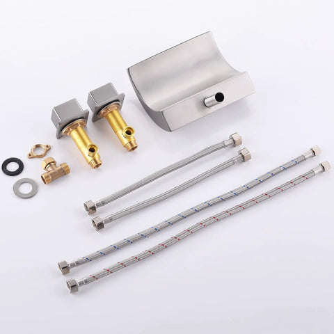 Roman Tub Faucet Brushed Nickel 2 Handle Widespread Bath Waterfall Deck Mount Tub Filler With Valve and components