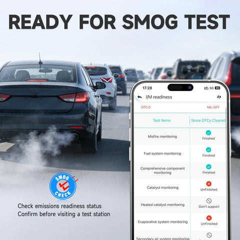 Bluetooth OBD2 Scanner For Cars Read And Clear Engine Codes With Live Data For Transmission ABS SRS HUD Dashboards OBD2 Code Reader Diagnostic Tool For iPhone And Android showing smog test readiness on smartphone screen