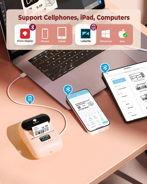 Super Duper Cool M110 Wireless Bluetooth Label Printer, Go To Baby Pink Portable Address Label Maker with smartphone sync.