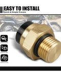 Motorcycle Radiator Fan Temp Switch For Honda VT750 Shadow Aero Ace VLX 600 750 1991 To 2009, brass switch close-up with black rubber seal.