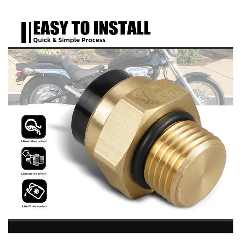 Motorcycle Radiator Fan Temp Switch For Honda VT750 Shadow Aero Ace VLX 600 750 1991 To 2009, brass switch close-up with black rubber seal.