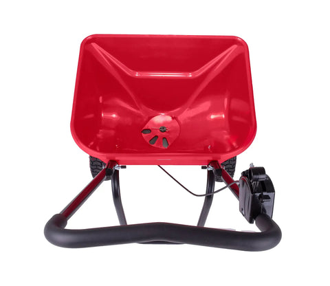 Commercial Walk-Behind Broadcast Spreader With 65 Lb Capacity For Grass Fertilizer And Seeds, red hopper view