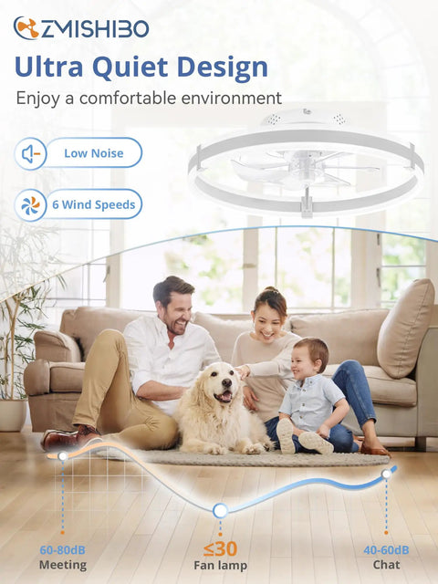 Slick Low Profile Ceiling Fan With Smart LED Light And Dual Remote And App Control Small Room Cooler displaying ultra quiet design.