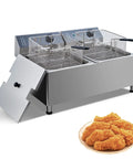 Festisoul 22Qt Double Commercial Electric Deep Fryer, 3400W with stainless steel tanks and two large baskets for frying.