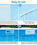 Installation steps for Pool Skimmer Guard Kit with Leaf Shield Net for Inground or Above Ground Pools, showing mesh and telescopic rod.