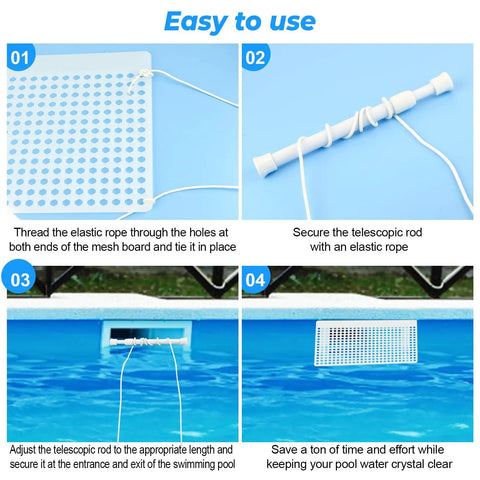 Installation steps for Pool Skimmer Guard Kit with Leaf Shield Net for Inground or Above Ground Pools, showing mesh and telescopic rod.