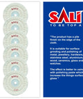 Image showing Six Pack 4 Inch White Cotton Buffing Wheels, 50 Ply, 1/2 Inch Arbor, vertically stacked with 'SALI' branding.
