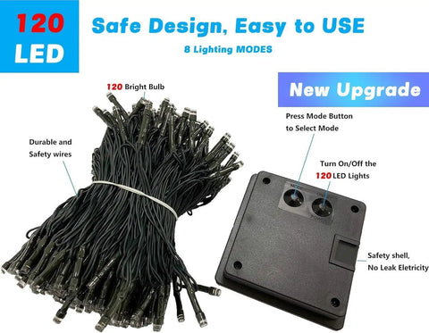 Two Pack 240 LED Solar String Lights Outdoor Waterproof With 8 Modes And Memory Auto On Off power box and wire detail