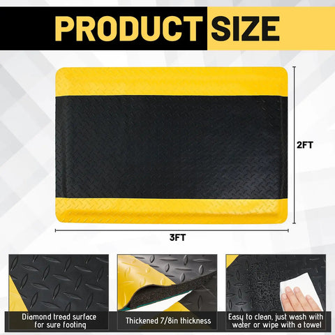 Heavy Duty Anti Fatigue Floor Mat 2x3 Ft Diamond Plate Vinyl Non Slip Ergonomic Standing Pad for Workshop Black With Yellow Border Seven Eighths Inch Thick Sponge Cushion Comfort