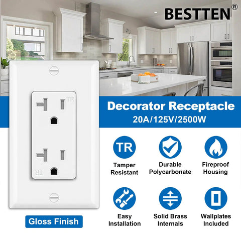 Image of 20 Pack Decor Wall Receptacle Outlet With Wall Plate, 20 Amp Tamper-Resistant TR Electrical Outlet, 125V, 2500W, White installed in kitchen.