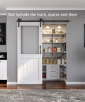 Heavy Duty Sliding Barn Door Roller Hanger With Anti Jumper Stopper Floor Guide And Accessories shown installed without track and door