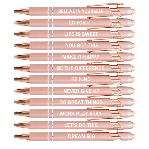 Set Of 12 Rose Gold Motivational Quote Pens With Screen Touch Stylus Snarky Office Scripture Ballpoint Pens In Black Ink