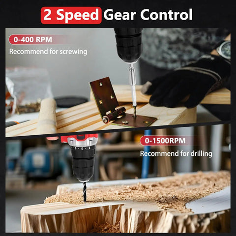 276-Piece Tool Set Kit With 12V Cordless Drill Driver demonstrating 2-speed gear control for screwing and drilling on wood.
