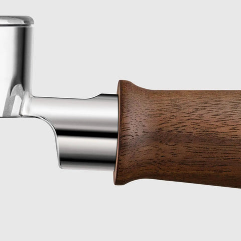 Top Shelf 58mm Bottomless Portafilter With Smooth Walnut Grip For Breville Dual Boiler And Oracle Series Home Barista Upgrade close-up view showing stainless steel body and walnut handle.
