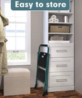 Five Foot Folding Step Ladder With Wide Anti Slip Pedals, Heavy Duty Steel Build, ergonomic handgrip, green, stored compactly in closet