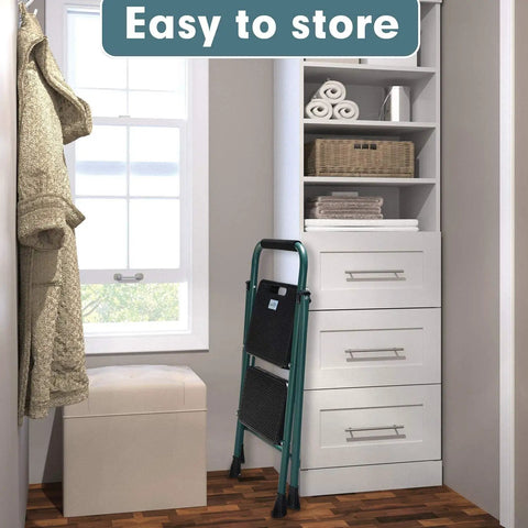 Five Foot Folding Step Ladder With Wide Anti Slip Pedals, Heavy Duty Steel Build, ergonomic handgrip, green, stored compactly in closet