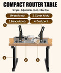 Benchtop Router Table With Heavy Duty Stand And Precision Adjustable Fence, Durable MDF Surface For Straight Shooting Woodrouting and labeled features.