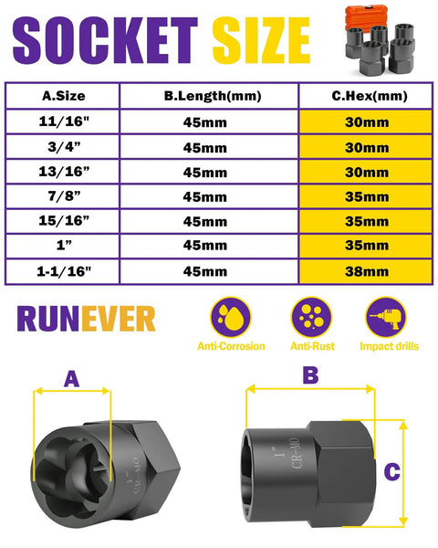 Diagram showing socket sizes 11/16" to 1-1/16" and dimensions for Nine Piece Pro Grade Heavy Duty Bolt Extractor Kit With Half Inch Drive Impact Lug Nut Remover Tools 17 To 27mm For Removing Stripped Damaged Rounded Off Rusted Nuts Bolts Studs In Auto Repair And Workshop.