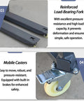 Heavy Duty Electric Pallet Stacker Forklift With Remote Control 661 Lbs Capacity Adjustable Forks showing reinforced load-bearing fork and mobile casters.