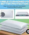 Stacked white 6x10 inch poly bubble mailers with easy seal, cushioned bubble lining, showing padding and phone for size reference.