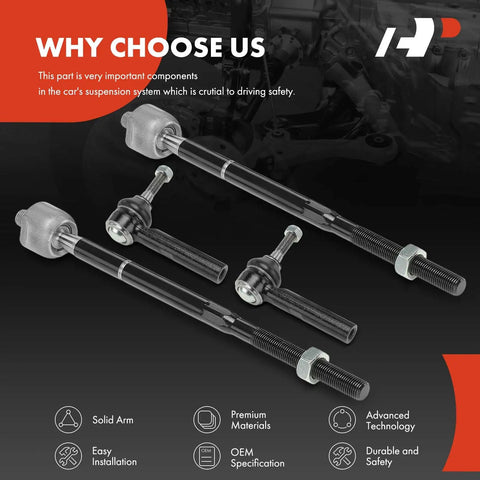 Front Inner And Outer Tie Rod End Kit For Dodge Journey 2009 Through 2020 Direct Fit Replacement To Fix Loose Steering Squeaky Clunky Noises And Unstable Handling With Durable Alloy Steel Joints For An Easy Install And A Smoother Ride, 4-piece steel tie rods