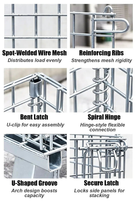 Built Strong Workhorse Collapsible Wire Mesh Storage Crate With Four Heavy Duty Swivel Casters And One Thousand Pound Capacity detail of wire mesh and latching mechanisms