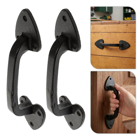 Heavy Duty Cast Iron Barn Door Handles Set Of 3 In Black With Aged Iron Finish mounted on wood surface