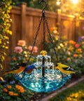 Solar Cascade Hanging Bird Bath Fountain With Solar Pump And Bowl, sun-powered with birds in a garden setting, blue finish