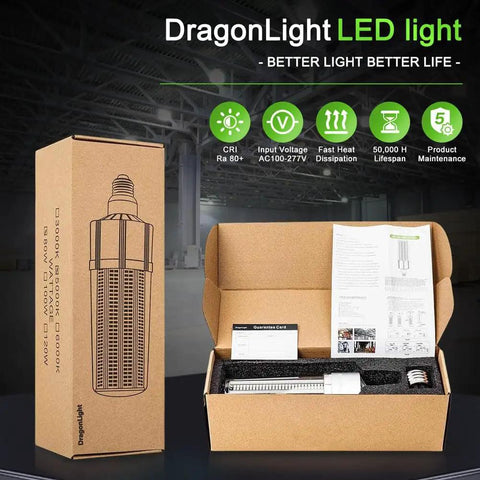 120W LED Corn Bulb For High Bay Areas Ultra Bright 14,400 Lumens 5000K Daylight E26 And E39 packaging and instructions