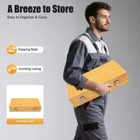 Man carrying wooden box of 22Piece Keyway Broach Set In Fitted Box, HSS Metric Industrial Tools Kit with secure latch